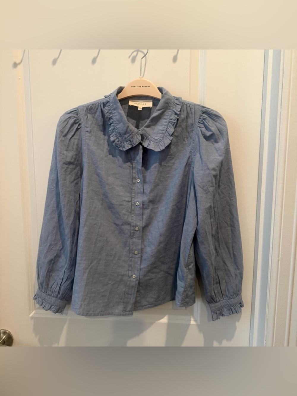 THE GREAT. Blue Ruffled Collar Button-Up Blouse